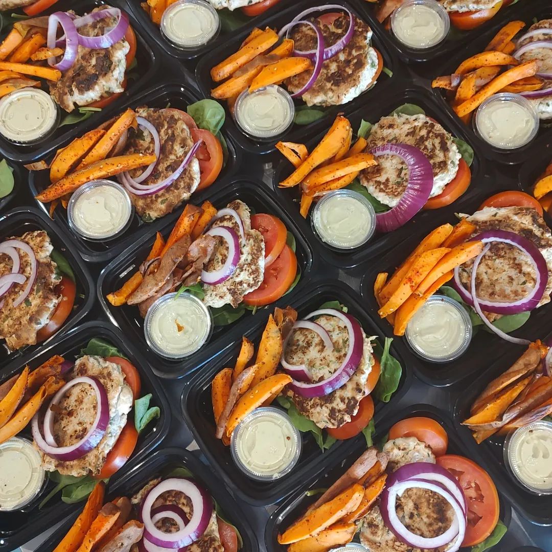 Ground Chicken Burger (bunless) - with avocado mayo and Sweet Potato Fries