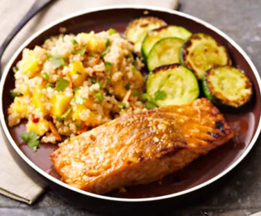 Honey Mustard Baked Salmon with Mango Cauliflower Rice and Zucchini (Can Sub Chicken)-GLUTEN FREE