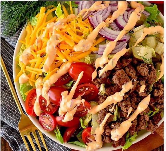 Big Mac Salad with Ground Chicken and our own Zesty Avocado Dill Dressing