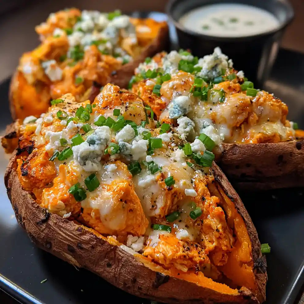 Buffalo Chicken Stuffed Sweet Potato with our own Bleu Cheese Dressing