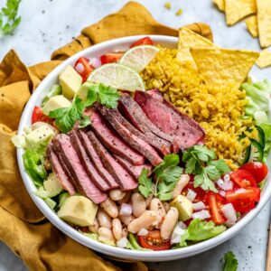 Carne Asada Steak Bowl (can substitute Chicken) with a Cilantro Avocado Dressing