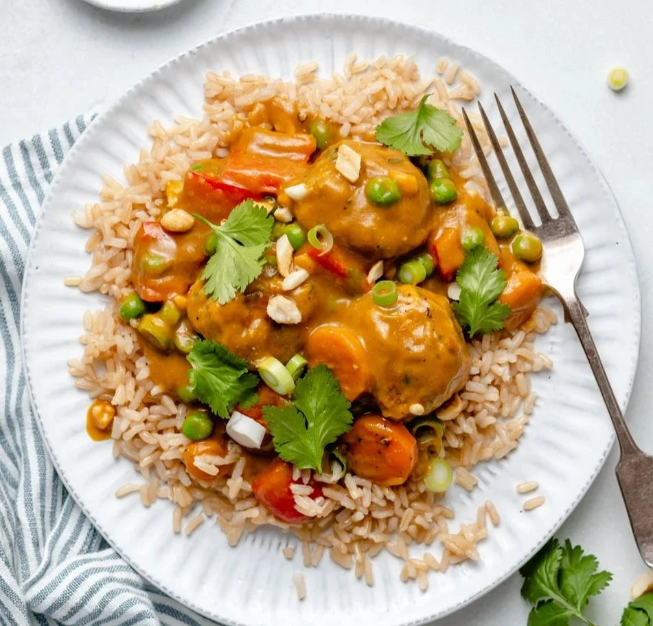 Pumpkin Curry Chicken Meatballs over Coconut Brown Rice