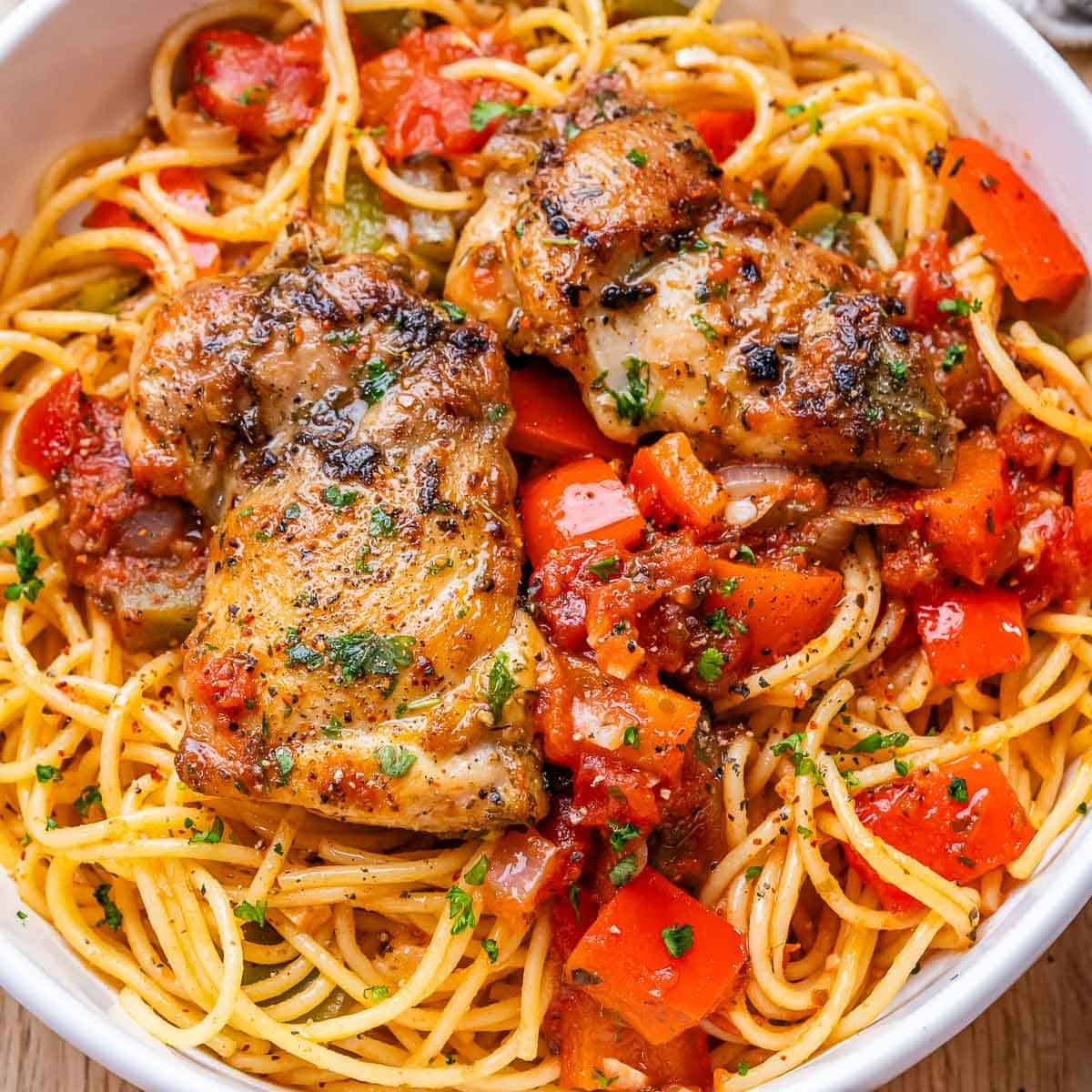 Chicken Cacciatore over Chickpea Pasta