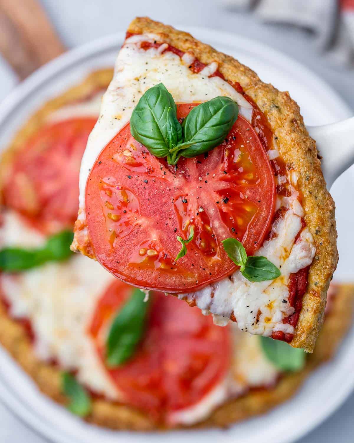 Chicken Crust Pizza with Basil and Sliced Tomatoes (GF)