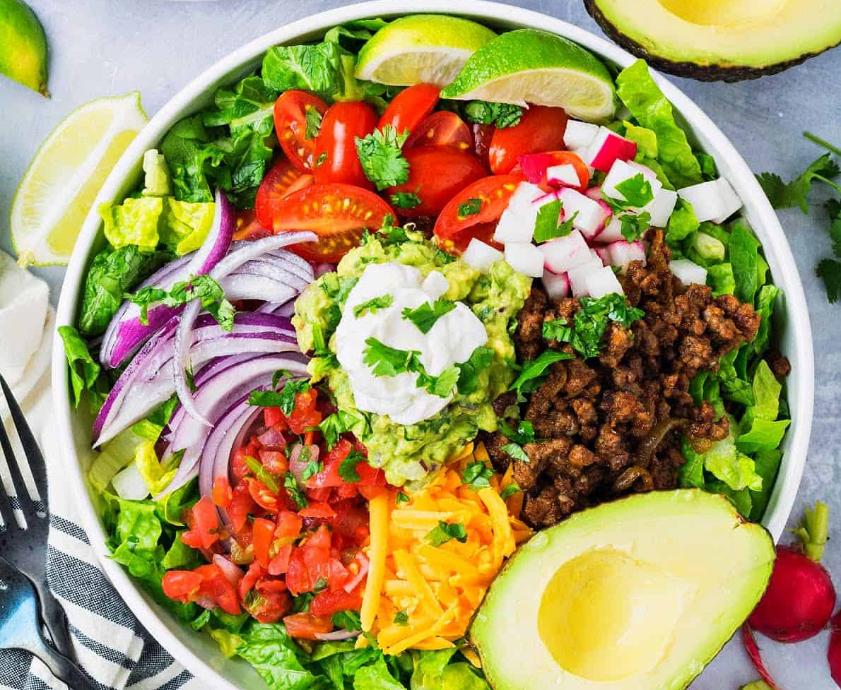 Taco Salad with Lean Ground Chicken and Cilantro Avocado Dressing