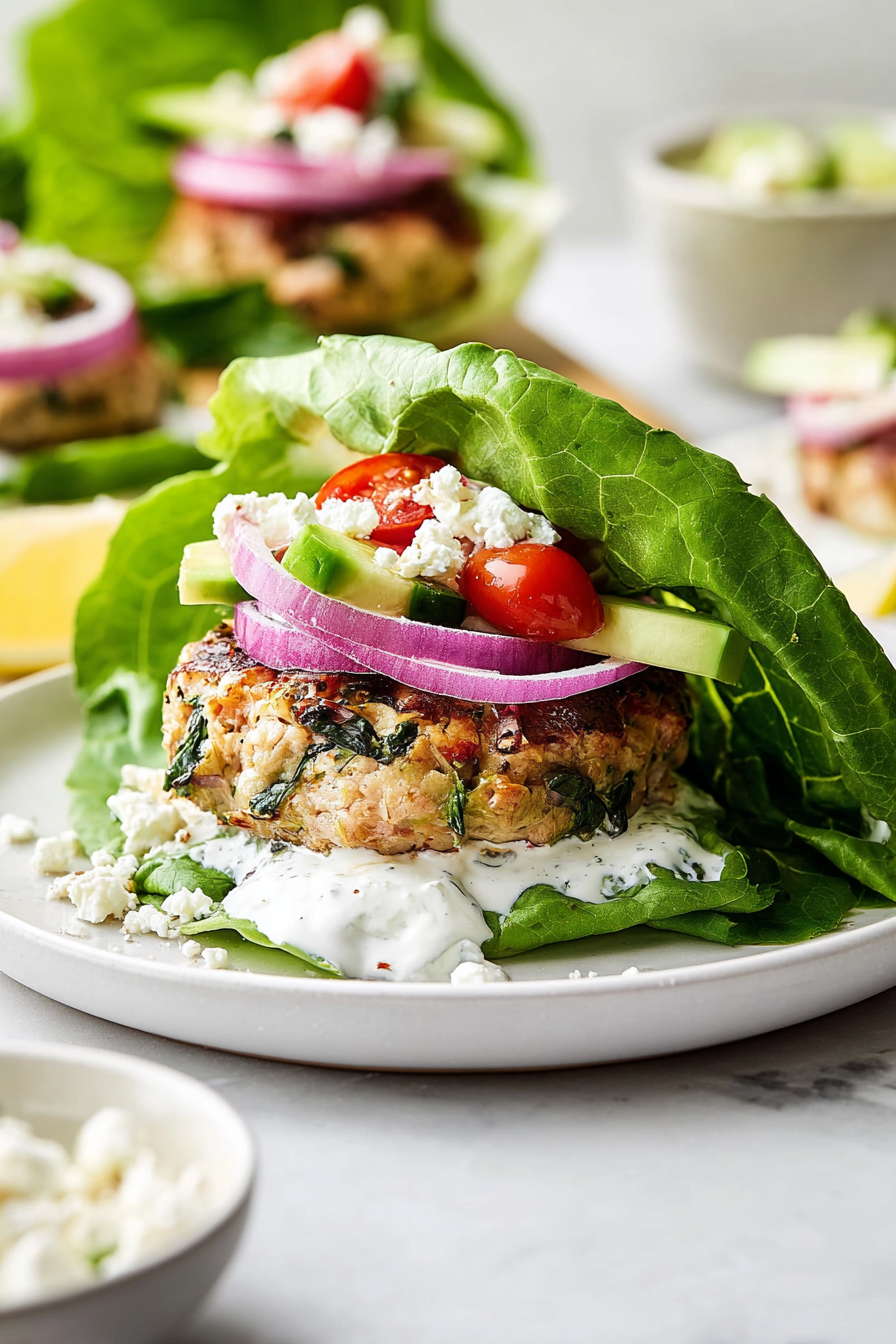 Lettuce Wrapped Greek Chicken Burger with our own Tzaziki & Sweet Potato Wedges