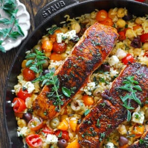 Mediterranean Salmon over Brown Rice & Chickpea Blend
