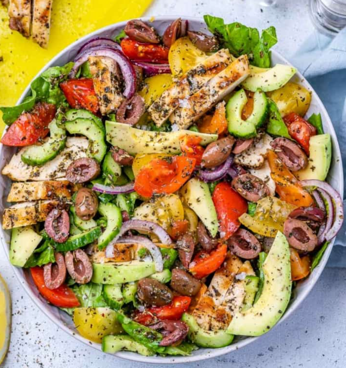 Mediterranean Chicken Salad with Greek Dressing- GF (can sub chickpeas for chicken)