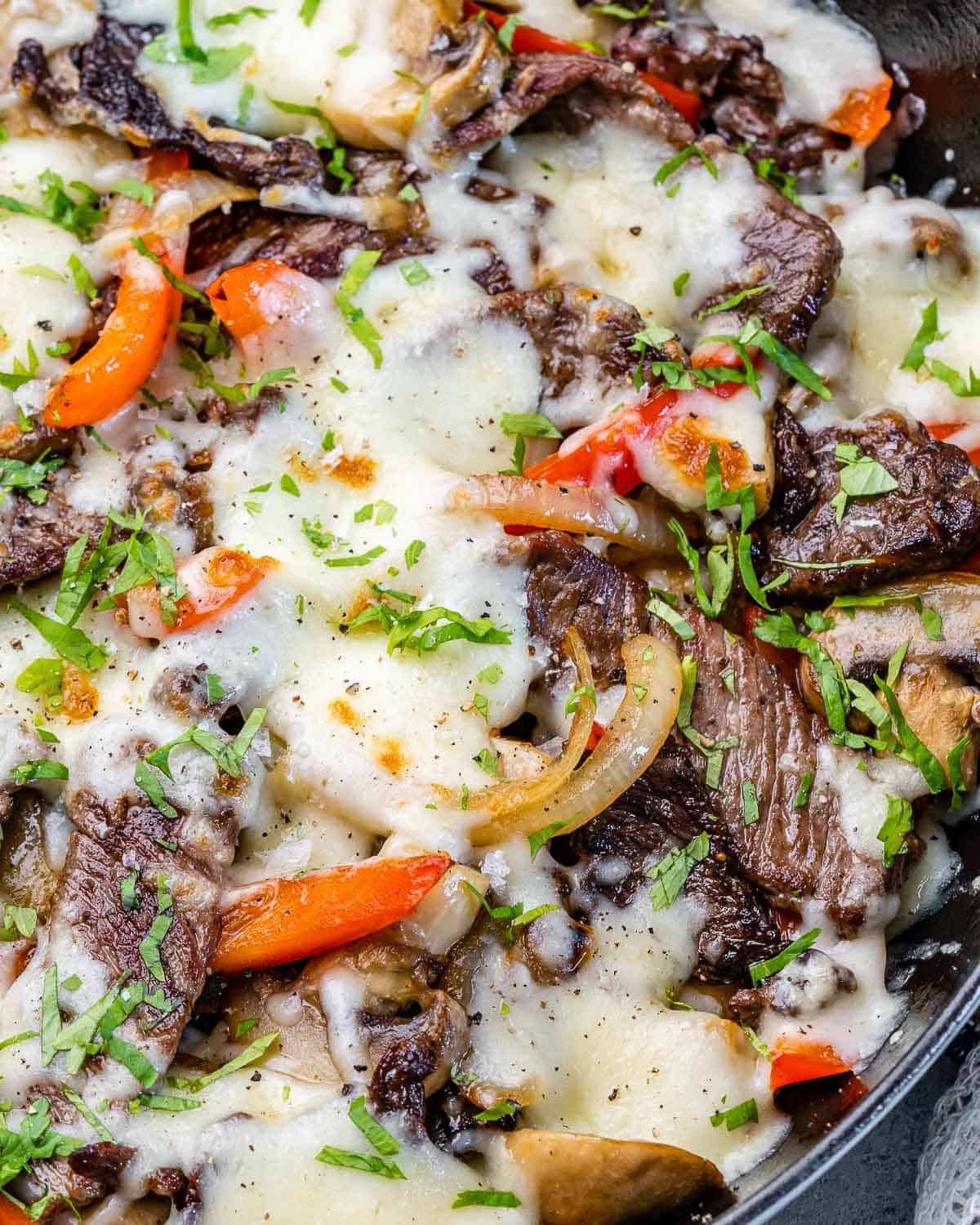 Philly Cheese Steak with Sweet Potato Fries (Can Sub Chicken)