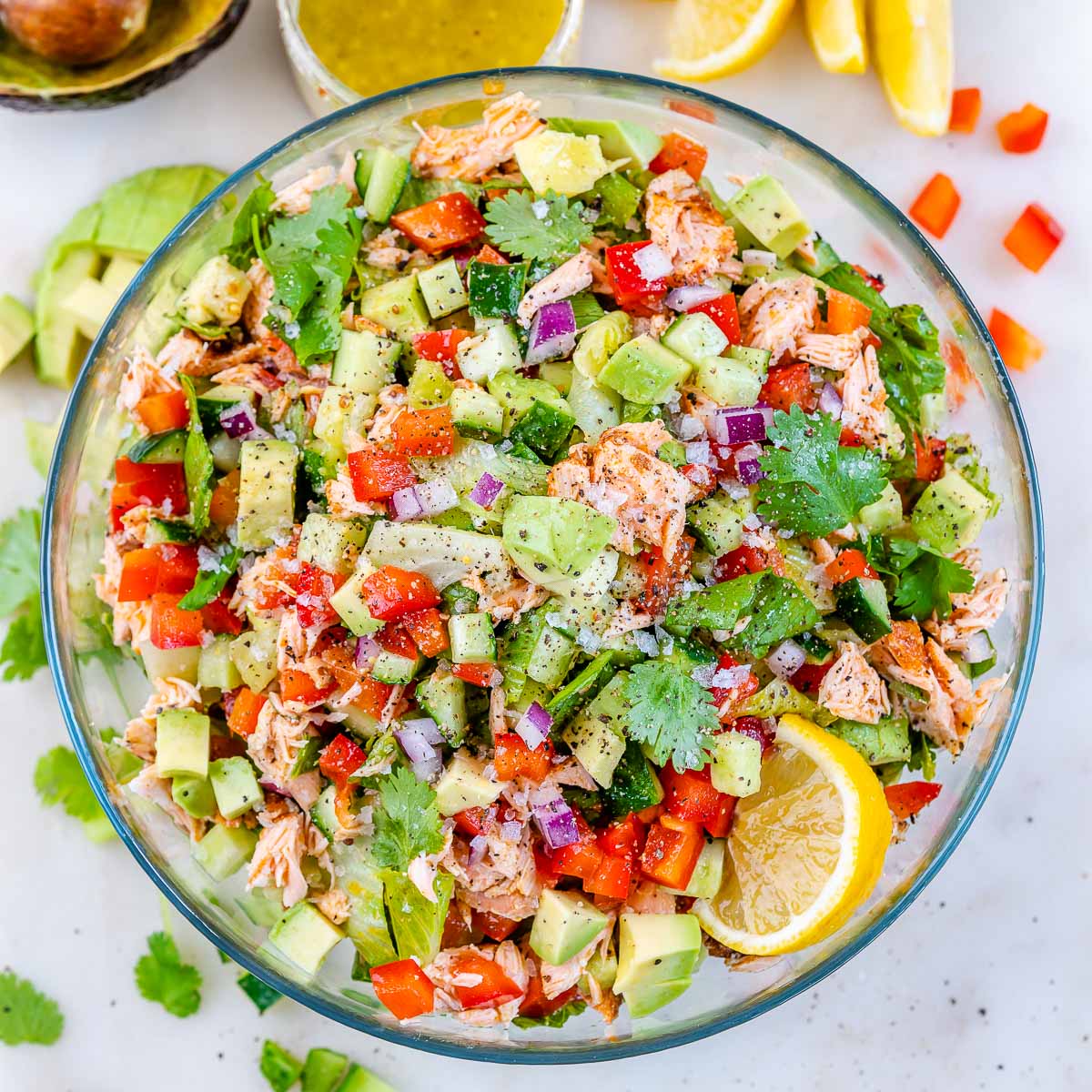 Salmon Chopped Salad with Honey Dijon Dressing (can sub chicken or lean steak)