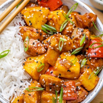 Sweet And Sour Chicken over Brown Rice with Sauteed Veggies