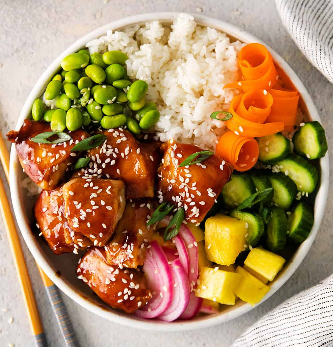 Teriyaki Chicken Poke Bowl with Sesame Ginger Dressing