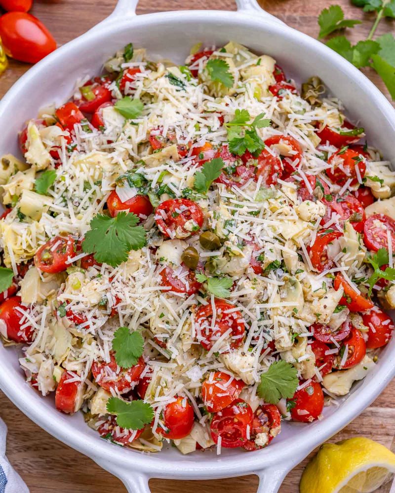 Greek Grilled Chicken Breast over Brown Rice with Tomato Artichoke Salad with Capers