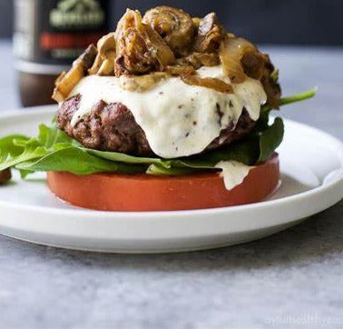 Chicken Burger topped with Caramelized Onions and Mushrooms with Sweet Potato Fries (Can sub Veggies-IS Gluten Free)