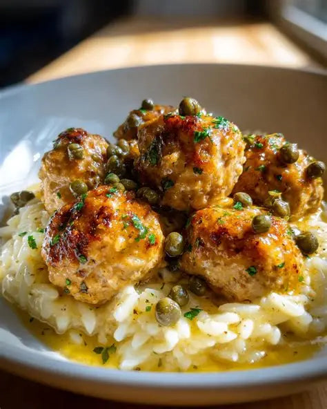 Chicken Piccata Meatballs over Brown Rice (Can Sub Veggies)