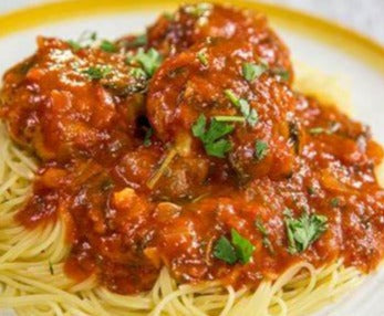 Chicken Meatballs (3 large) over Chickpea/Zucchini Noodle Pasta with a Bolognese Sauce