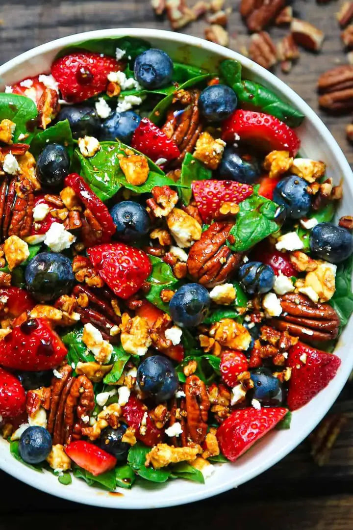 Berry Feta Pecan Spinach Salad with Grilled Chicken and our own Raspberry Vinaigrette