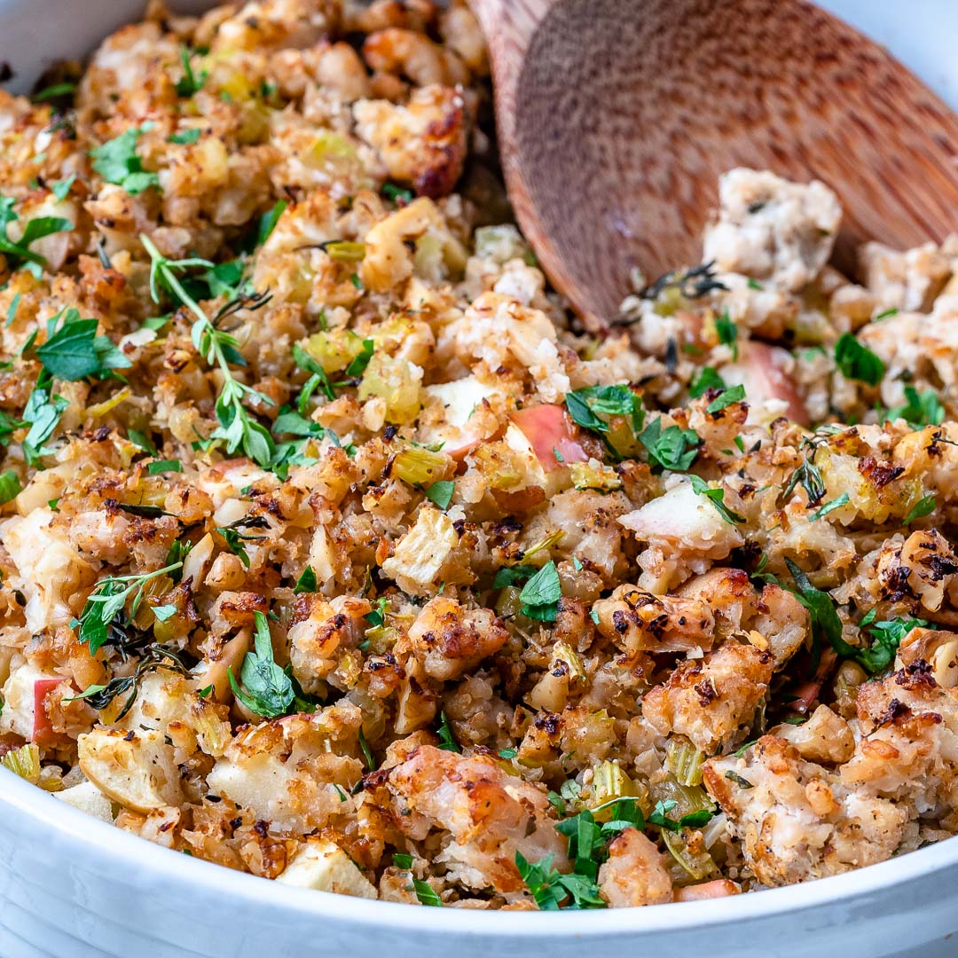 Cranberry Balsamic Chicken over Cauliflower Stuffing with Maple Glazed Carrots