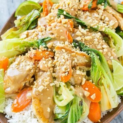 Thai Peanut Chicken over Cauliflower veggie rice with Carrots & Bok Choy (can sub brown rice)