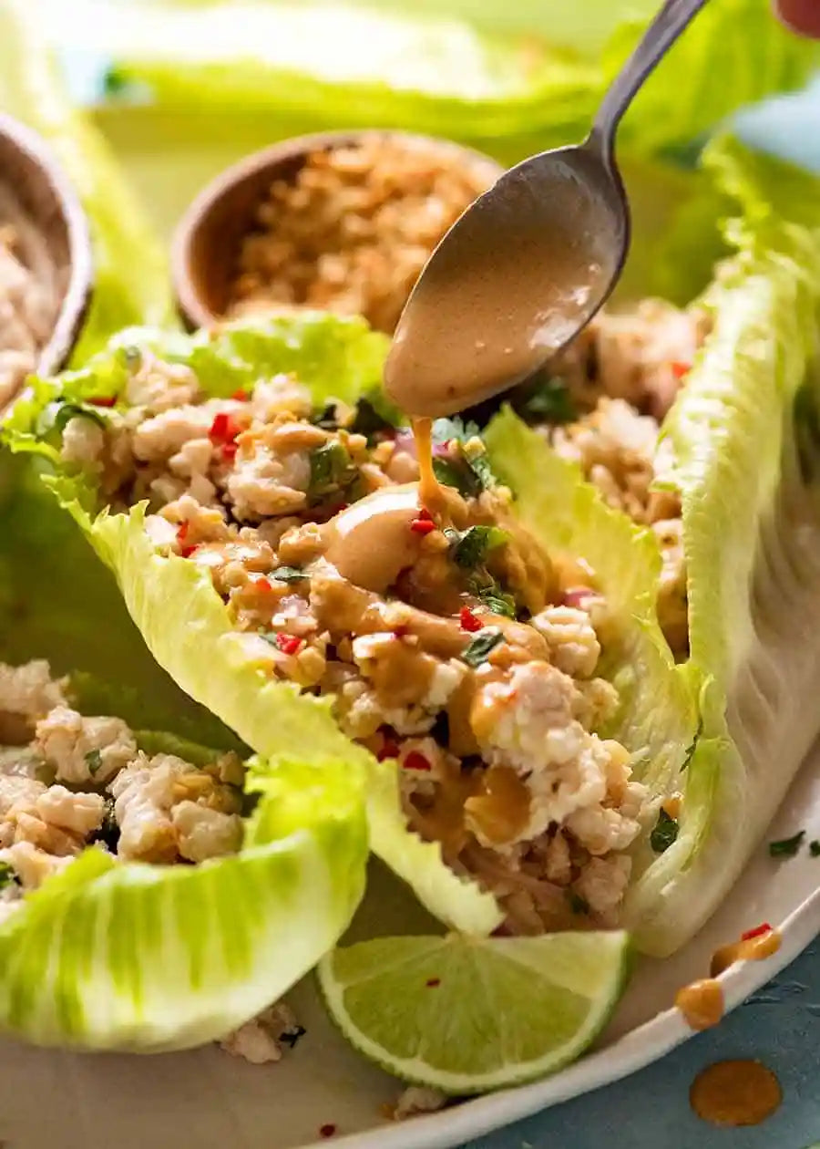 Thai Peanut Chicken Lettuce Wraps with Protein Pita Chips (can request Gluten Free Wrap)