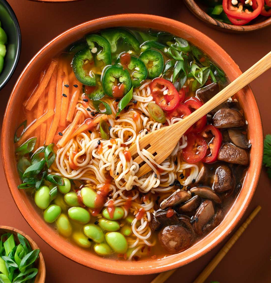 Ramen Soup Bowl with Mushrooms, Edamame, and Shredded Chicken Breast