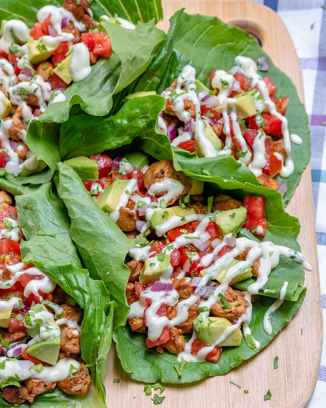 Chipotle Chicken Lettuce Wraps with Avocado Cilantro Lime Dressing