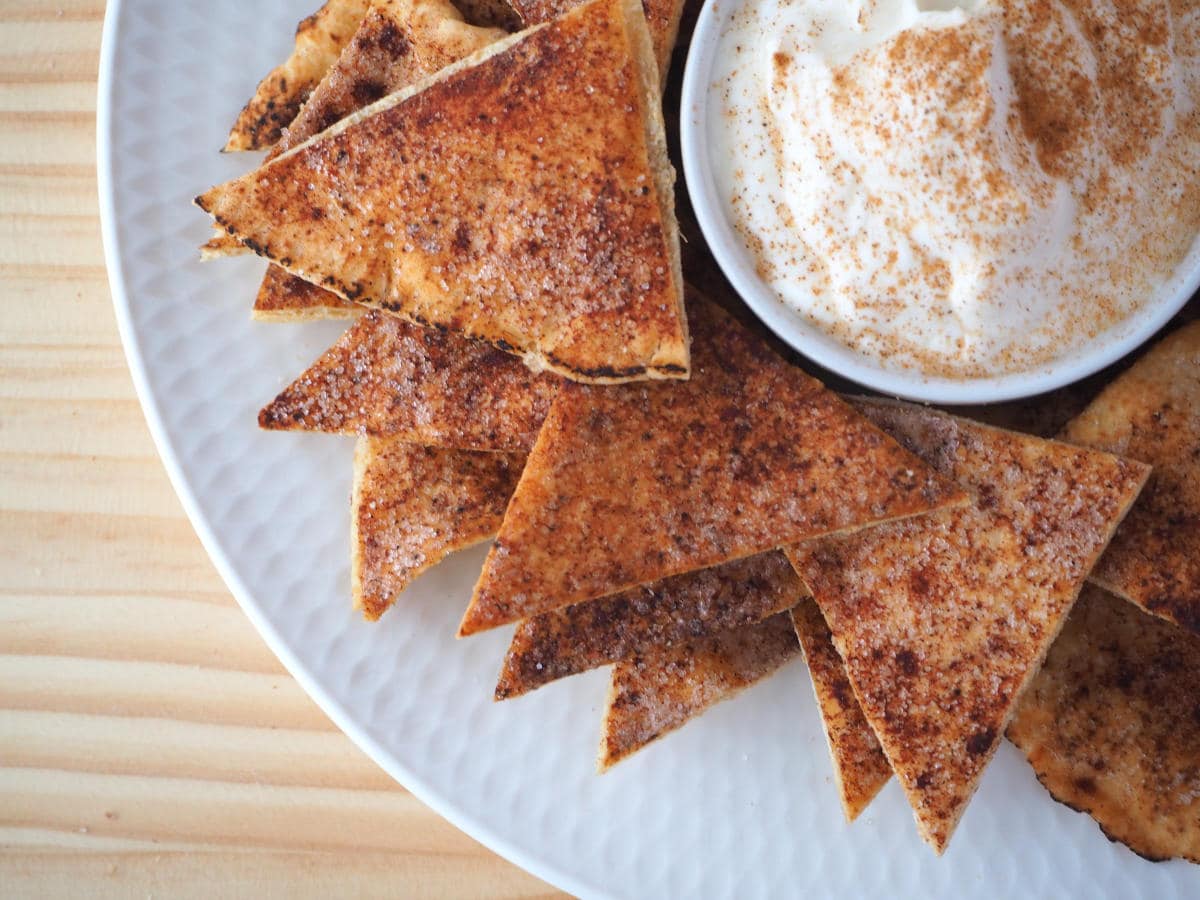 Cinnamon Sweet Protein Pitas with Maple Cinnamon Greek Yogurt Dip
