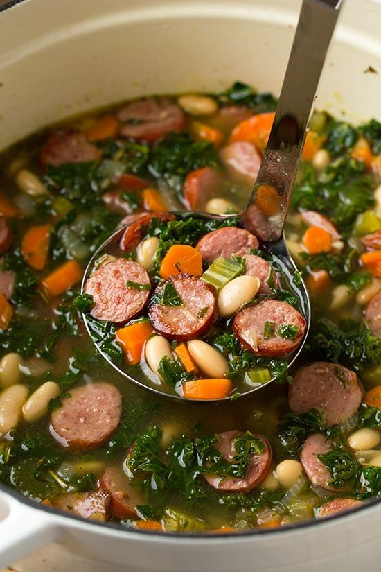 Kale, Bean, Sausage Veggie Soup (can be vegetarian)