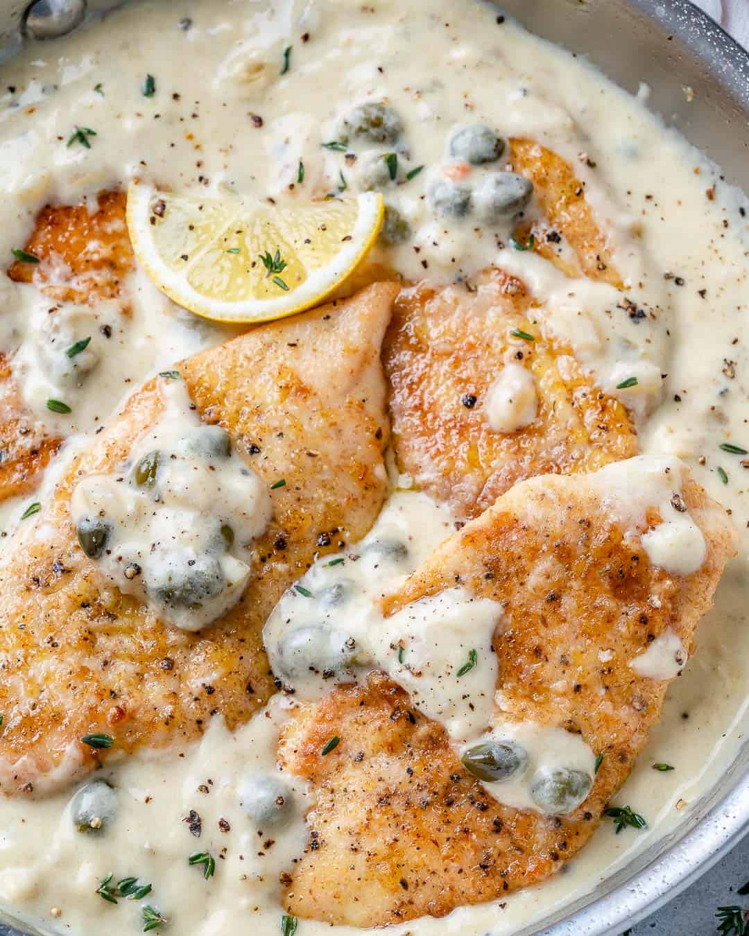 Creamy Chicken Piccata with Asparagus over Edamame/Chickpea Noodle Blend