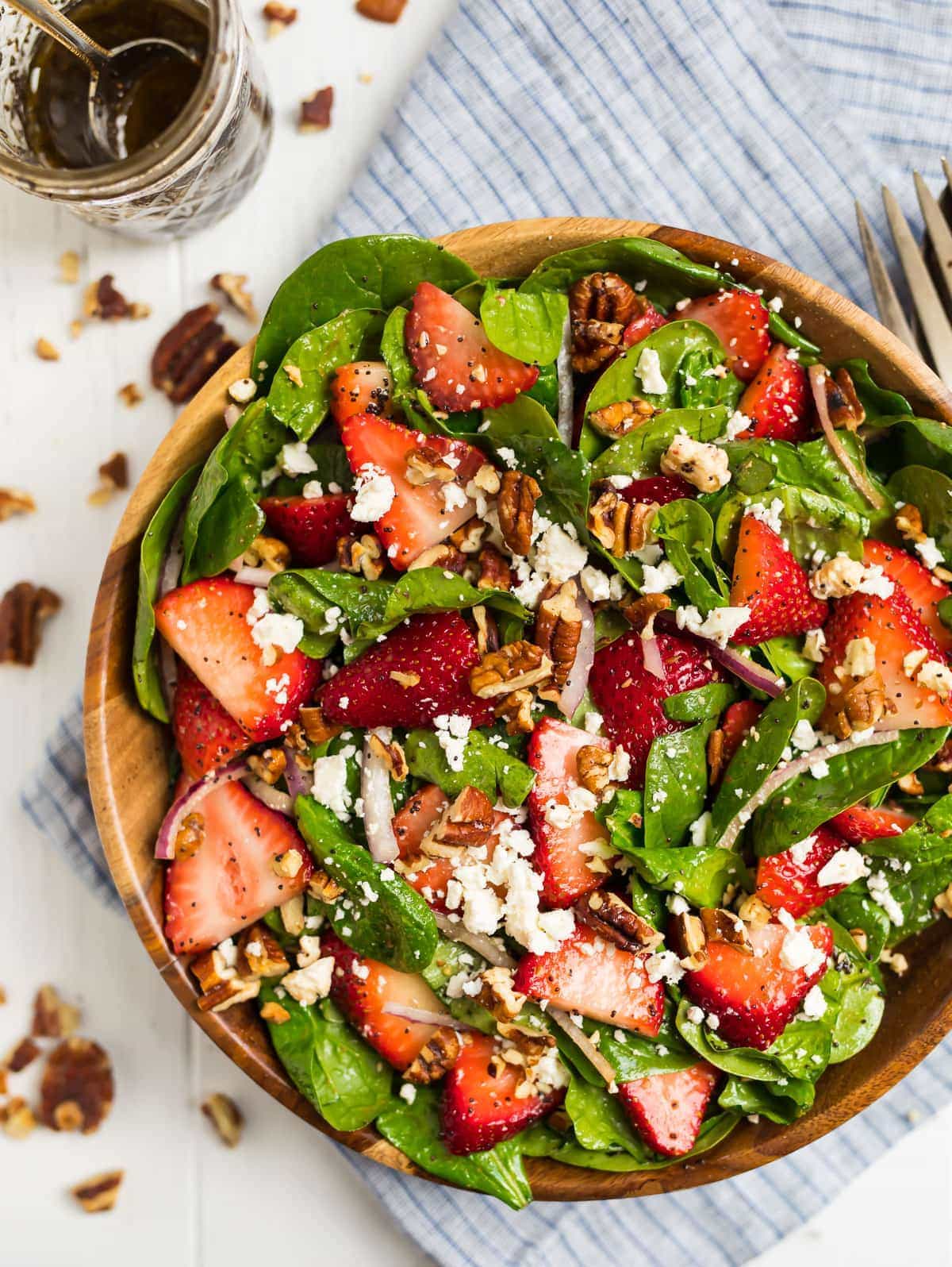 Strawberry Pecan Feta Grilled Chicken Spinach Salad with Raspberry Vinaigrette